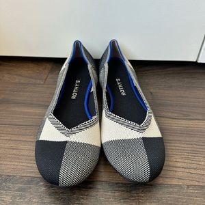 Rothy's The Flat Round Captoe Black and Cream Plaid (Size 9.5)